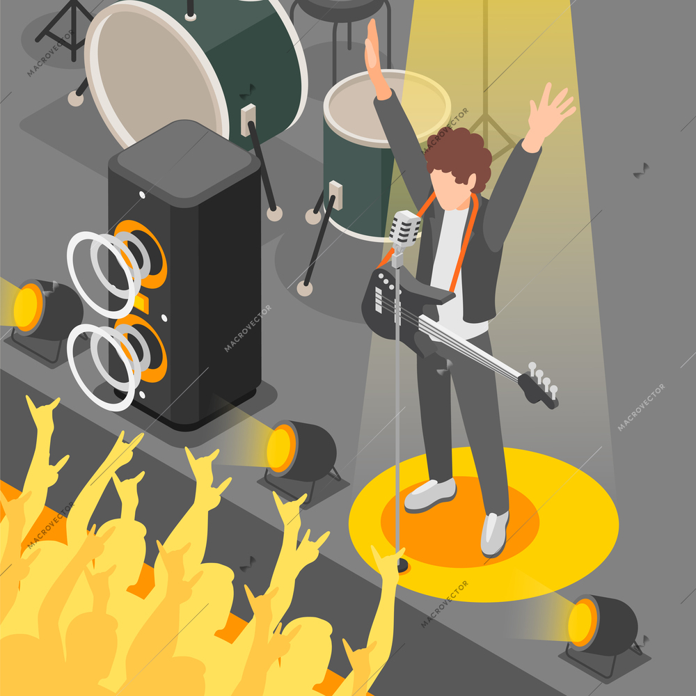 Rock music isometric composition with guitarist on stage vector illustration