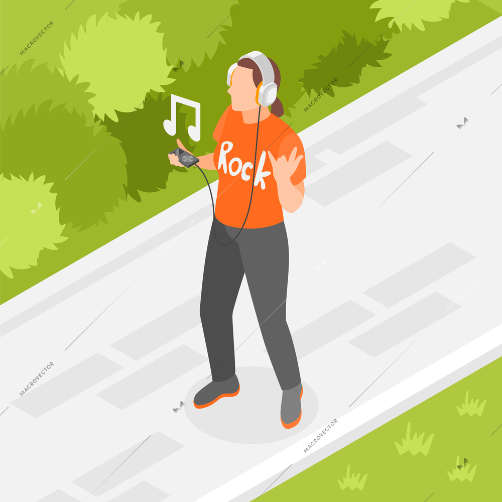 Rock music isometric composition with man wearing headphones in park vector illustration