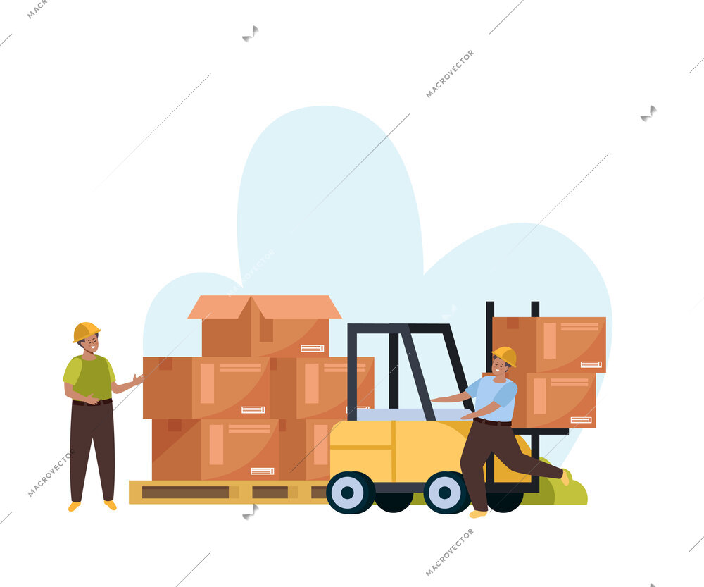 Warehouse logistic flat composition with forklift loading parcel boxes vector illustration