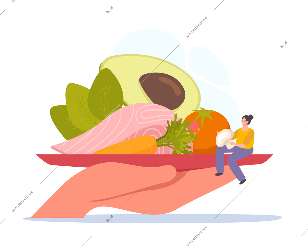 Seafood flat composition with human hand holding plate with salmon steak vector illustration