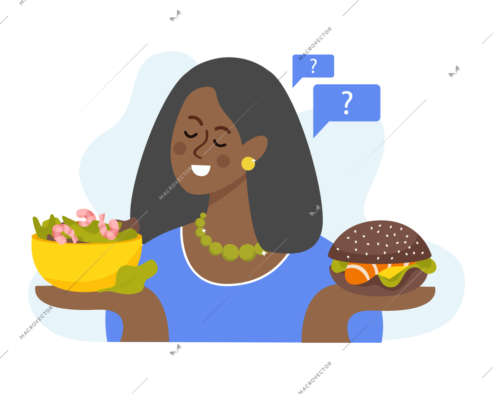 Seafood flat composition with happy woman holding salad bowl and fish burger vector illustration
