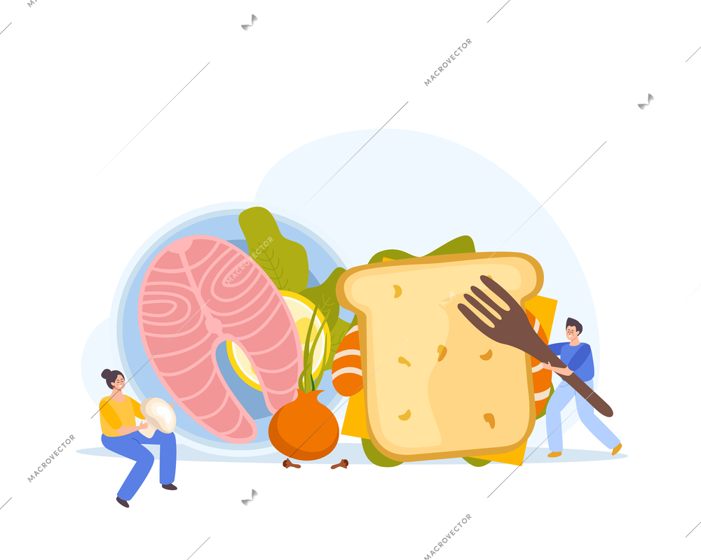 Seafood flat composition with salmon steak and prawn sandwich vector illustration