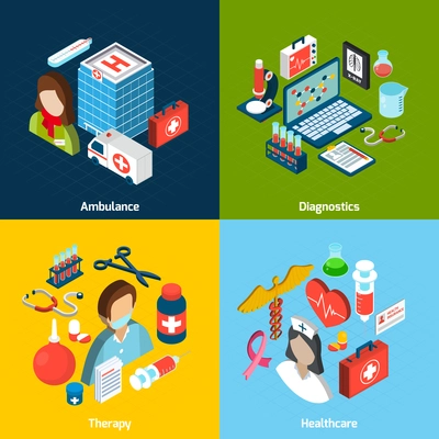 Medical design concept set with ambulance diagnostics therapy healthcare isometric icons isolated vector illustration