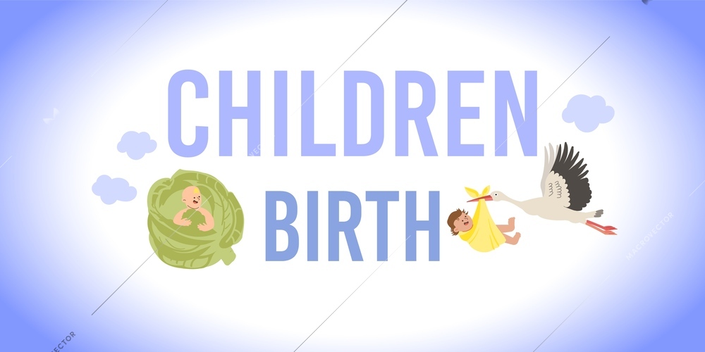 Children birth flat horizontal text banner with stock carrying newborn and baby sitting in cabbage on gradient background vector illustration