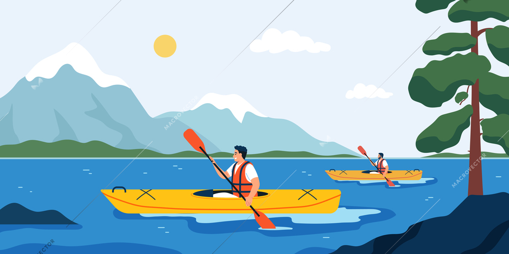 Water sport of outdoor scenery with mountains and river with two men rowing canoe paddle boats vector illustration