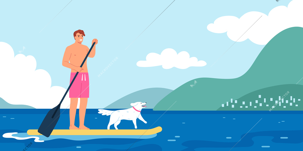 Water sport composition with outdoor bay landscape green hills and man rowing sup board with dog vector illustration