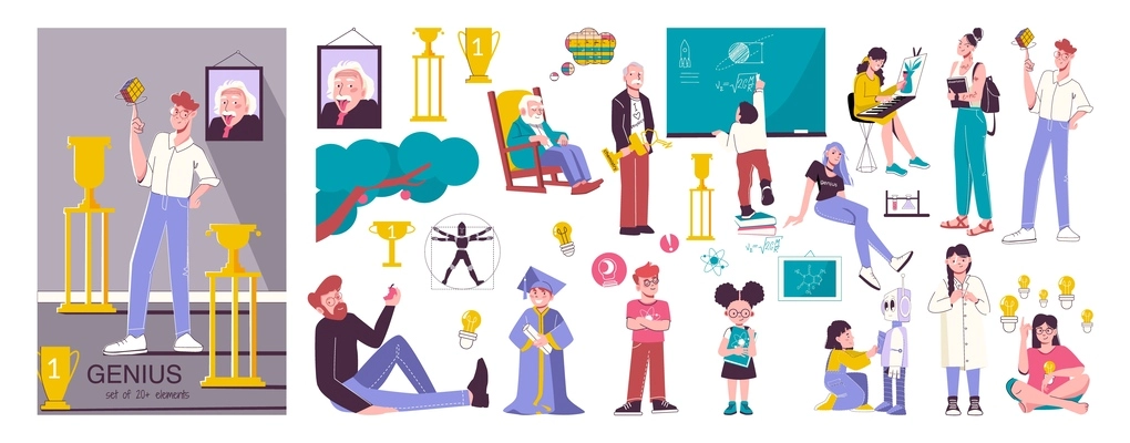 Genius prodigy flat composition with teenage guy cup trophies and set of isolated icons and people vector illustration