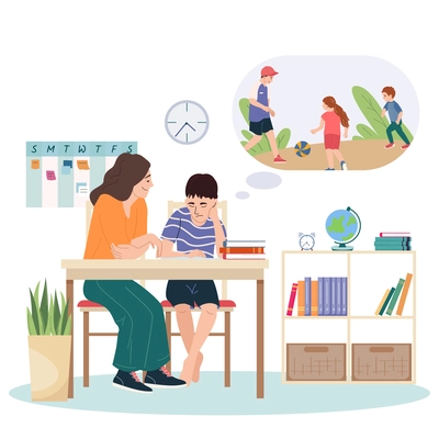 Personal education flat composition with female teacher and boy dreaming about end lesson vector illustration