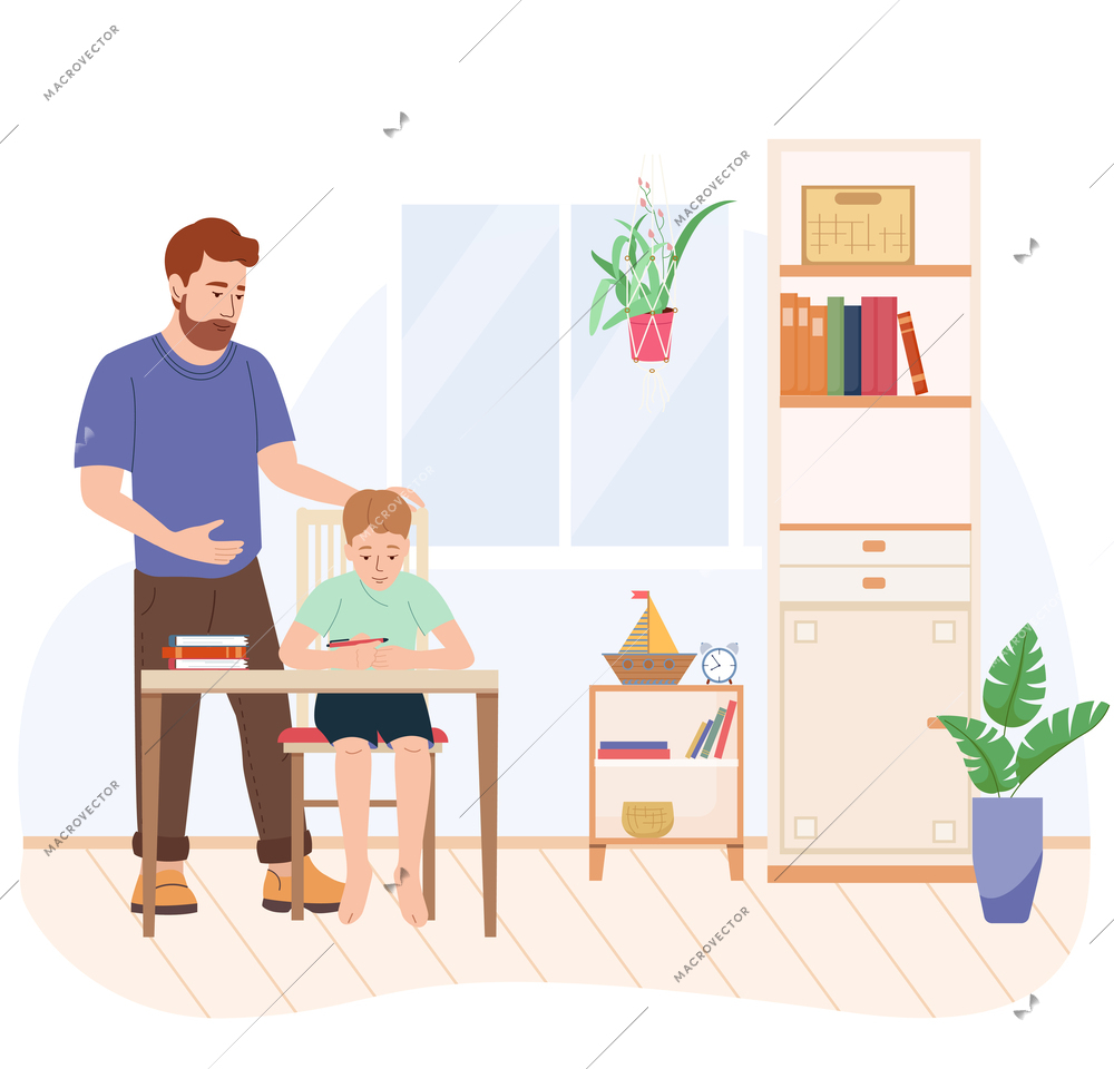 Home teacher observing pupil engaged in solving task flat composition vector illustration