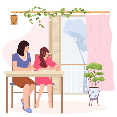 Private education flat composition with school girl learning with female tutor at home vector illustration