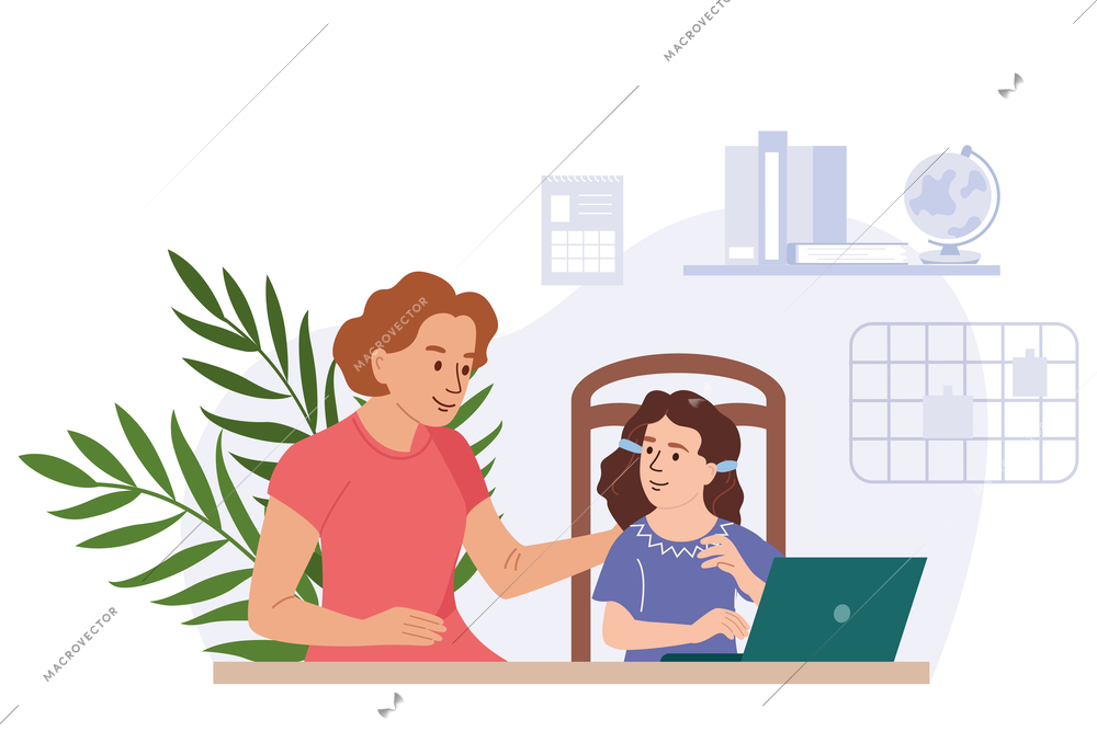 Tutor flat background with young school girl learning with personal teacher vector illustration