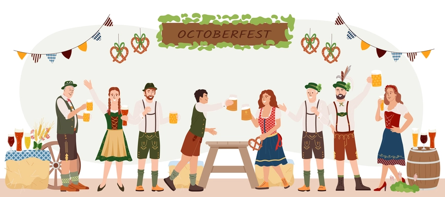 Oktoberfest flat horizontal vector illustration with group of people in national german costumes drinking beer together