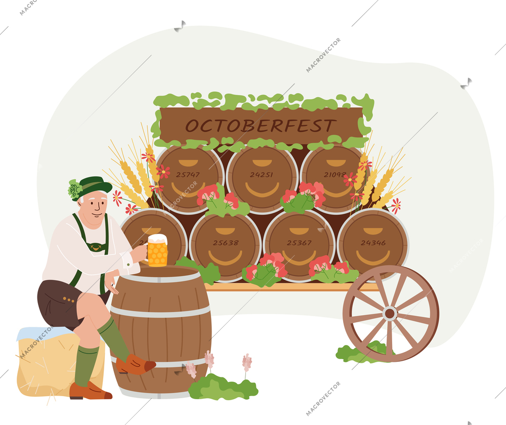 Oktoberfest flat design concept with man in traditional bavarian costume sitting near cart with barrels of beer vector illustration