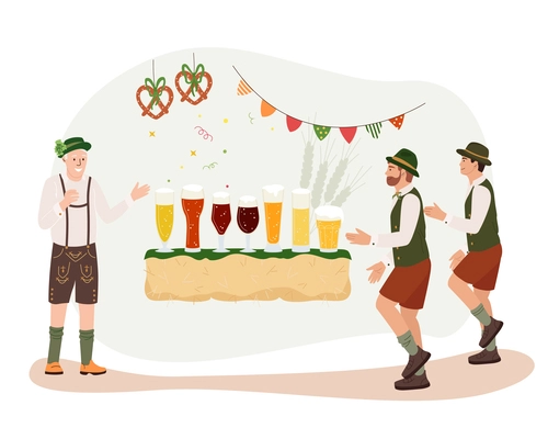 Oktoberfest celebration flat composition with men in traditional bavarian costumes dancing near counter with glasses filled by various beers vector illustration