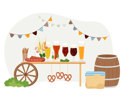 Oktoberfest flat design concept depicting counter with glasses filled by various beers vector illustration