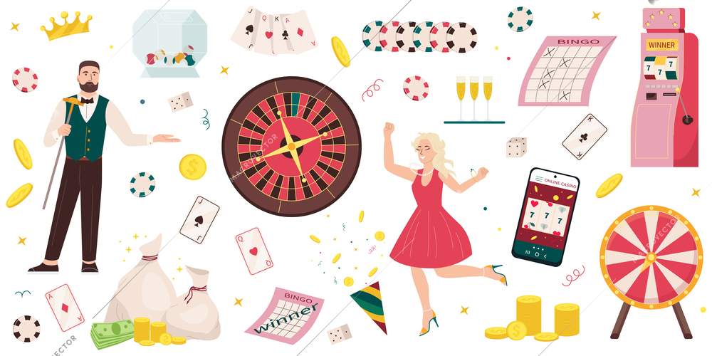 Casino flat icons set of croupier dancing girl and accessories of gambling and lottery isolated vector illustration