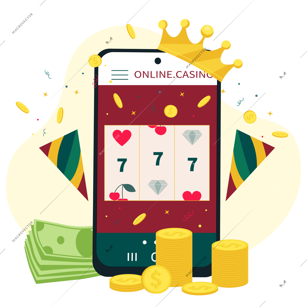Online casino flat design concept with big win 777 on smartphone screen vector illustration