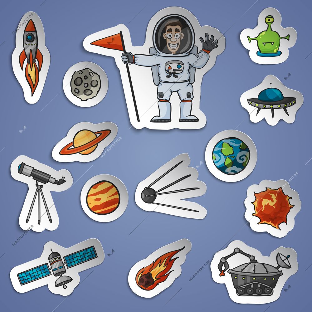 Space and science paper stickers set with spaceship telescope satellite isolated vector illustration