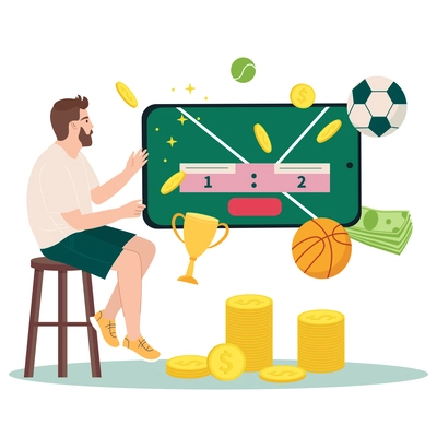Gambling flat design concept with man making online bets in sports competitions vector illustration