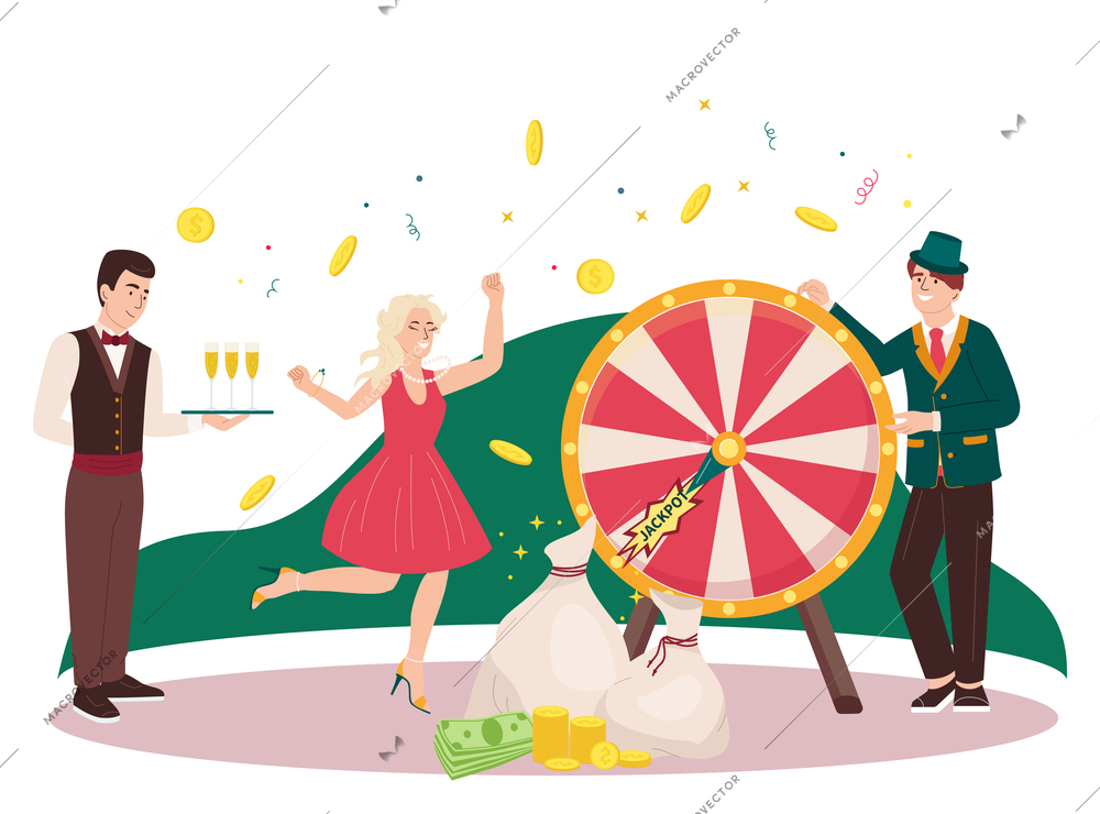 Gambling flat composition with happy young woman hitting jackpot in lottery vector illustration