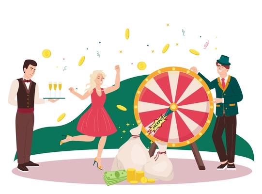 Gambling flat composition with happy young woman hitting jackpot in lottery vector illustration