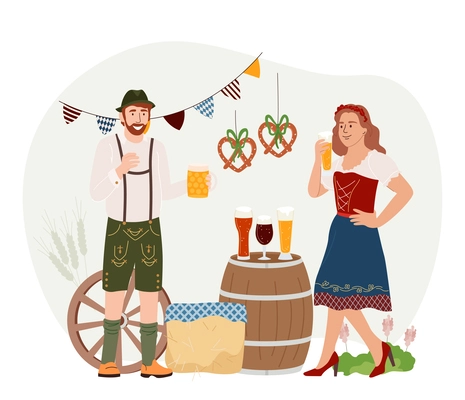 Oktoberfest flat background with couple in national costumes holding beer mugs and celebrating holiday vector illustration