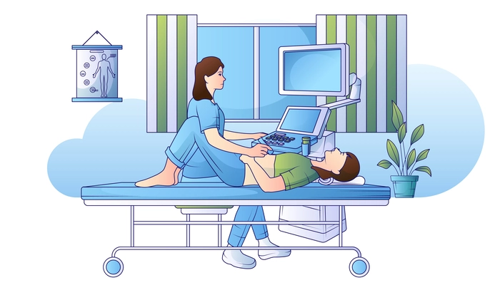 Medical diagnostic equipment flat line composition with internal examination tools vector illustration