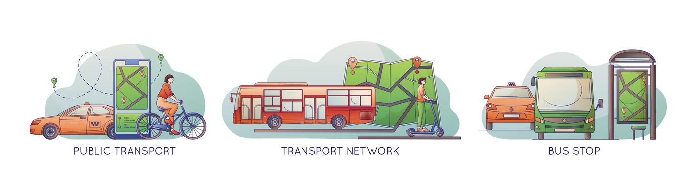 Flat set with different kinds of public transport travel card mobile application stop road signs and passengers vector illustration