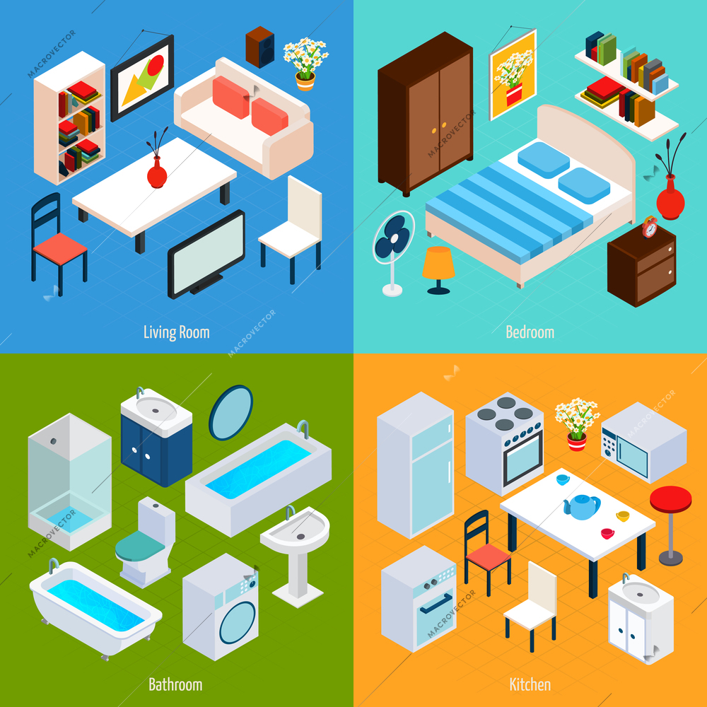 Isometric interior design concept set with living room bedroom bathroom and kitchen 3d icons isolated vector illustration