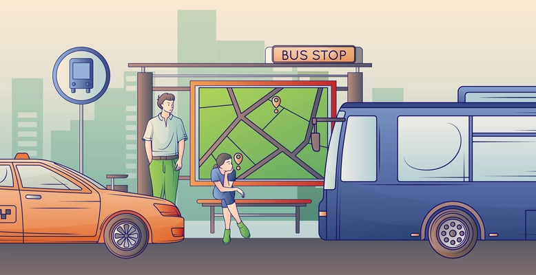 Flat public transport scene with family on bus stop vector illustration