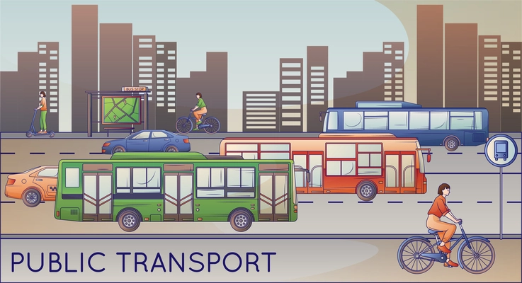 Flat scene with different kinds of public transport in city street vector illustration