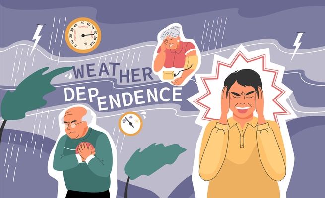 Weather dependence composition with collage of flat icons text human characters wind and rain with thunderstorms vector illustration
