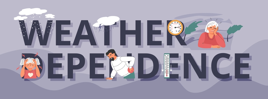 Weather dependence composition with flat text icons of barometer clouds thermometer and wind with human characters vector illustration
