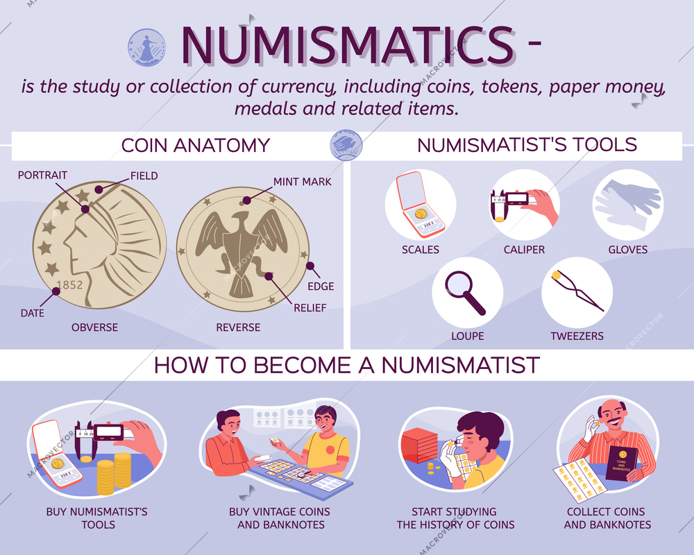 Numismatics coin flat infographics with editable text coin anatomy and numismatist tools round icons and tips vector illustration