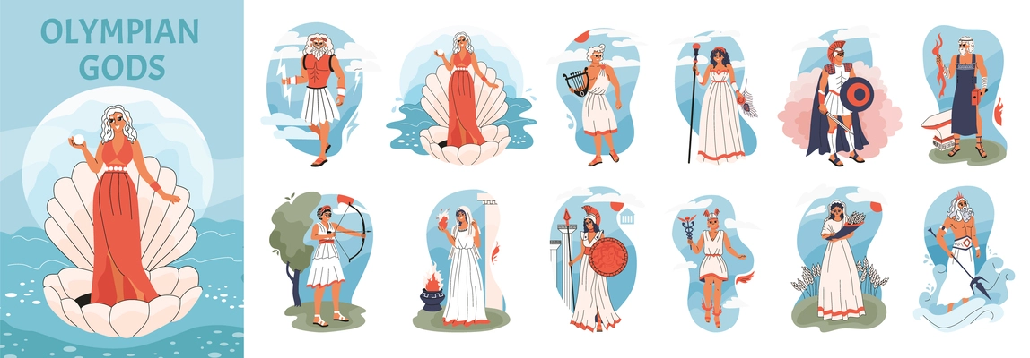 Olympic gods flat composition with doodle human character of venus in shell with similar isolated icons vector illustration