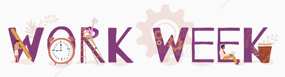 Work week text banner with busy people alarm clock and cup of coffee flat vector illustration