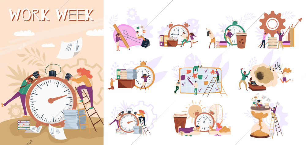 Work week flat composition set with people performing tasks waking up in morning having fun on friday evening isolated vector illustration