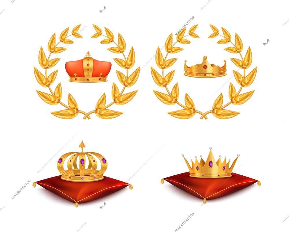 Golden royal crown set with nobility and monarchy symbols realistic isolated vector illustration