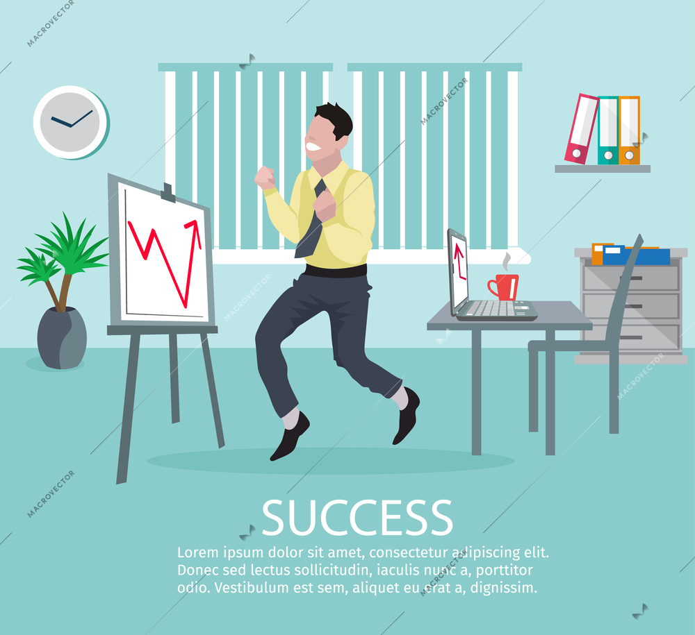 Successful business idea poster with young male businessman in office in front of growth chart vector illustration