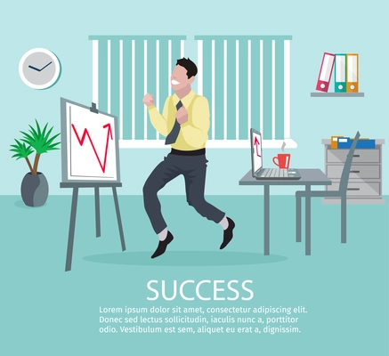 Successful business idea poster with young male businessman in office in front of growth chart vector illustration