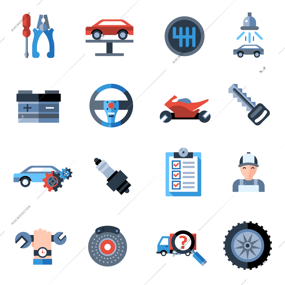 Car repair icons set with mechanic service and garage tools isolated vector illustration