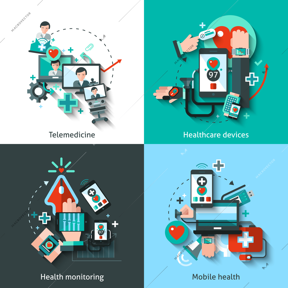 Digital medicine design concept set with telemedicine healthcare devices mobile health monitoring flat icons isolated vector illustration