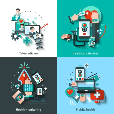 Digital medicine design concept set with telemedicine healthcare devices mobile health monitoring flat icons isolated vector illustration