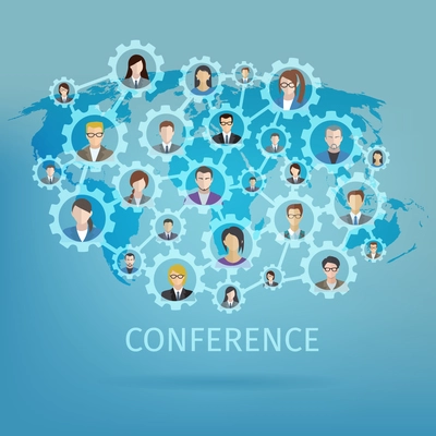 Global business conference concept with world map and people in gears connected vector illustration