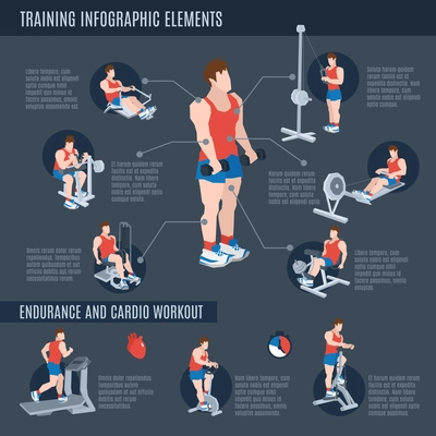 Exercise machines infographics set with man figures on training apparatus in sport club vector illustration