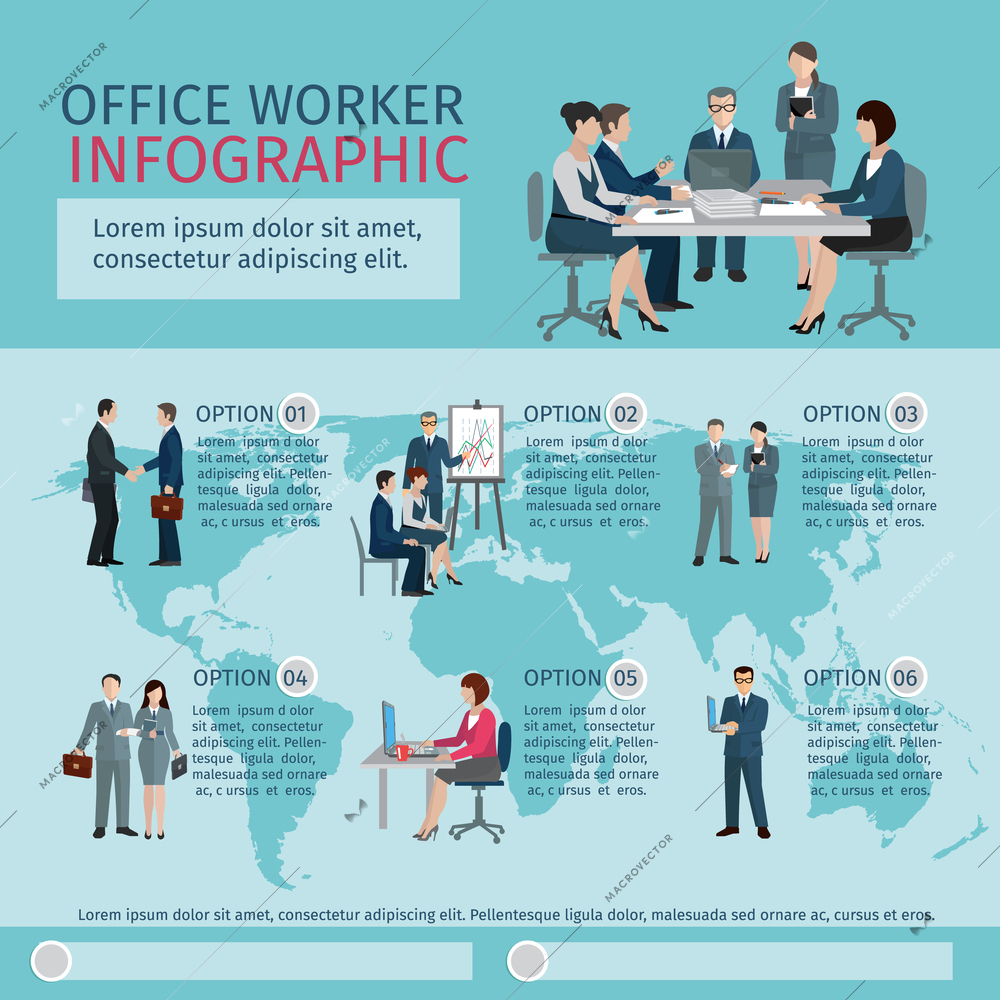 Office worker infographics set with business teamwork workflow symbols vector illustration