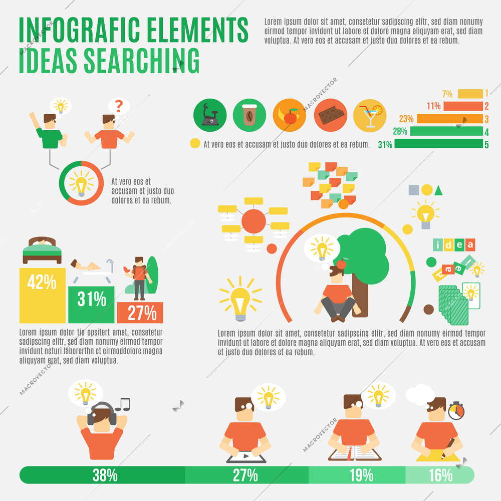 Ideas infographic set with creativity and inspiration symbols and charts vector illustration