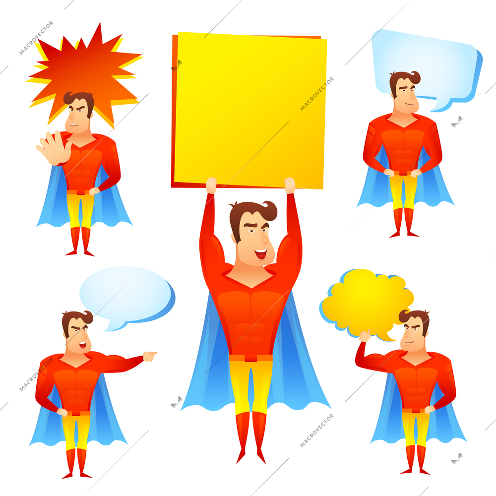 Favorite fictional children superhero cartoon character with speech bubbles and blue cape icons set abstract vector illustration