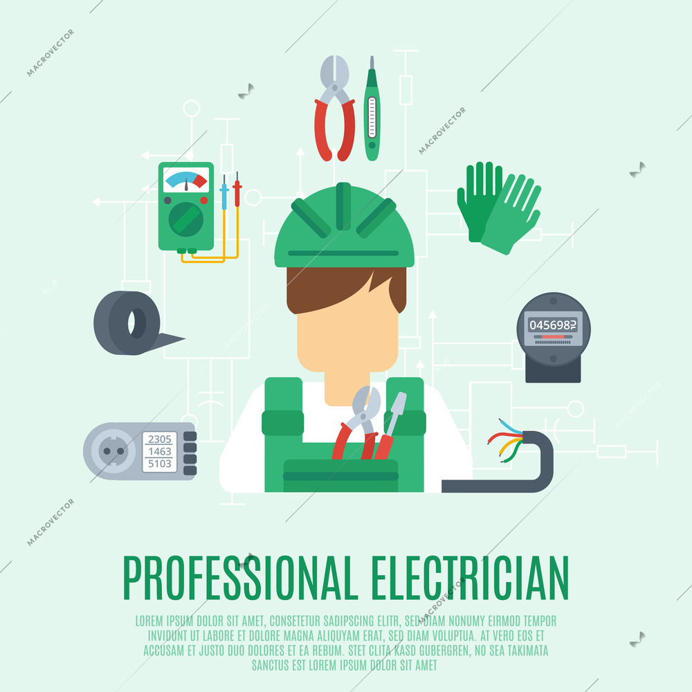 Professional electrician concept with electricity tools and equipment flat icons vector illustration