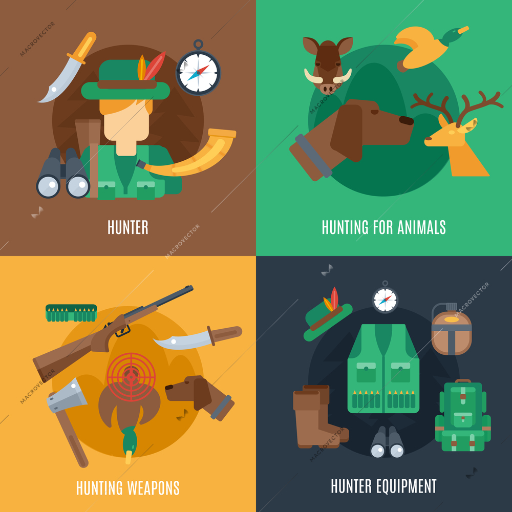 Hunting design concept set with hunter equipment animals and weapons flat icons isolated vector illustration